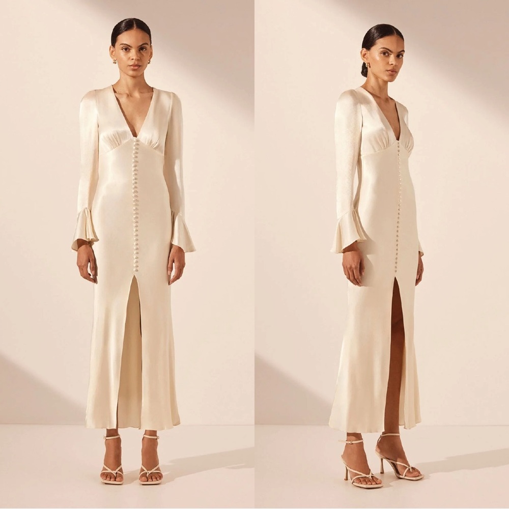 La Lune Frill Cuff Bias Midi Dress - Cream